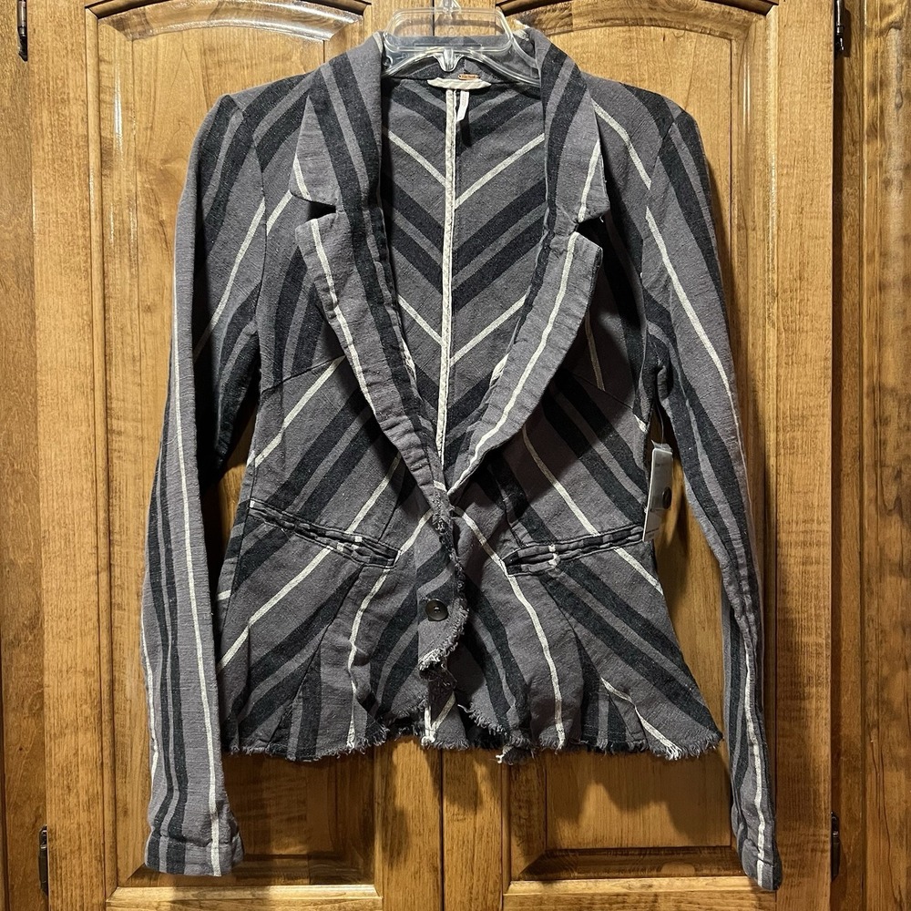 FREE PEOPLE F042J931 Charcoal Combo Stripe Yarn Dye Linen Blazer Sz 10 NWT-$128